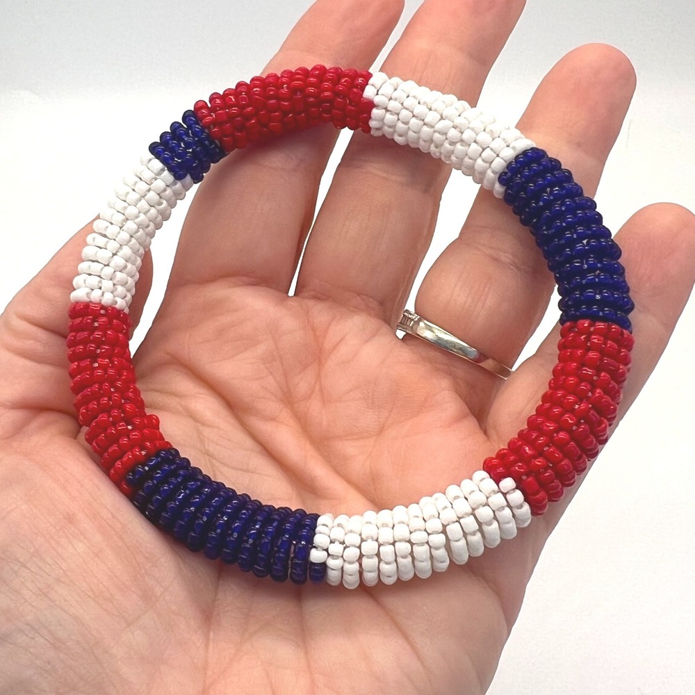 Handmade Seed Bead Crochet Bangle Bracelets Earrings Red White Blue Vintage - Picture 6 of 10